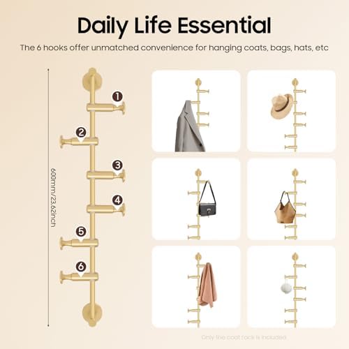 Wall Mounted Metal Vertical Tree Branch Coat Rack, 6 Adjustable Hooks