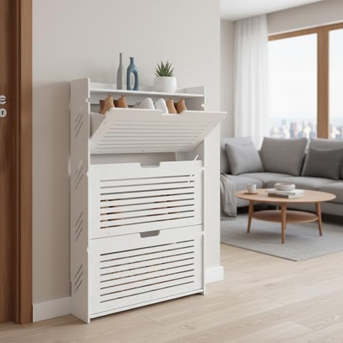 3 Tier Shoe Cabinet with Flip Drawers,Narrow Slim Shoe Storage Cabinet,Floor ...