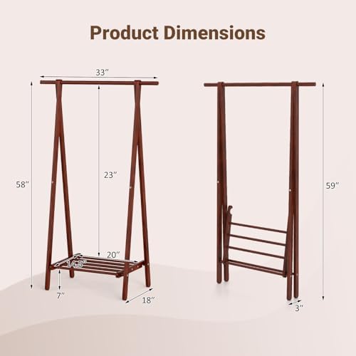 GIANTEX Folding Clothes Rack, Solid Wood Clothing Rack with Storage Shelf