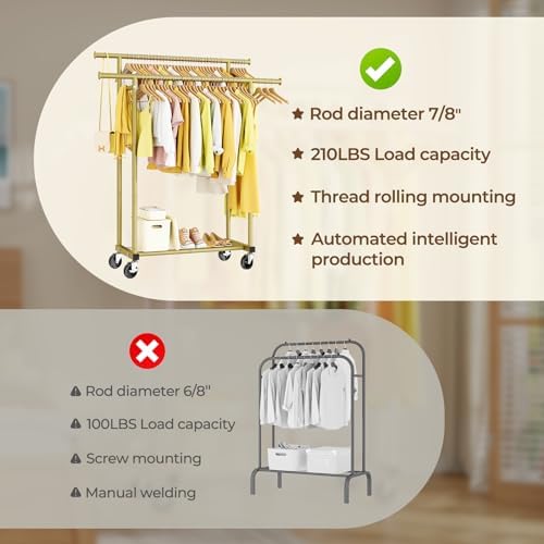 HYSEYY Double Rods Clothes Rack, Sturdy Rolling Clothing Rack, Portable Cloth...