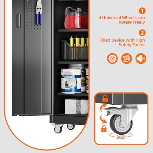 SUXXAN 71" Metal Garage Storage Cabinet with Wheels,Pegboard,Lock,5 Shelves
