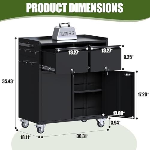 Aobabo Rolling Metal Garage Cabinet with 2 Drawers, Lock and Pegboard