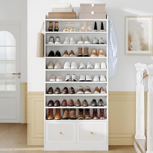 Hzuaneri Shoe Storage Cabinet, 10 Tiers Shoe Organizer with 2 Cloth Drawers