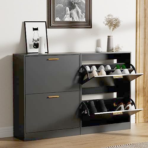 LYNSOM Entryway Shoe Cabinet Set of 2 with 2 Flip Drawers and Top Display, Bl...
