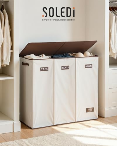SOLEDI 200L 3-Section Laundry Hamper with Lid, Extra Large Dirty Clothes Bask...