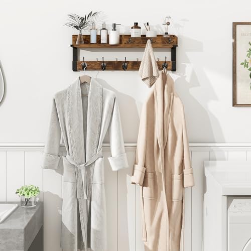 Homode Coat Rack with Shelf, Wall Shelf with Hooks, Rustic Brown Black