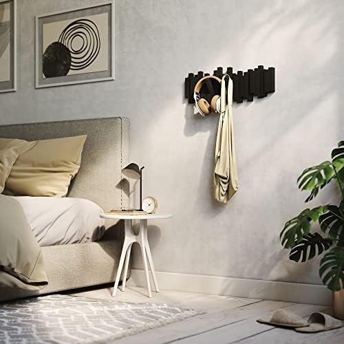 Umbra Sticks Wall Mount Coat Rack, 5 Hook Retractable Pegs, Black