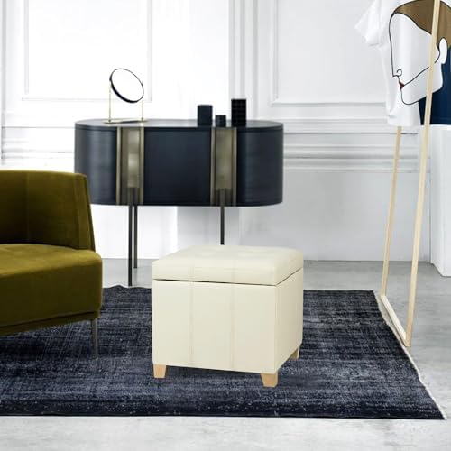 Adeco Faux Leather Storage Ottoman with Hinged Lid, 17.5 Inch High Cream Whit...