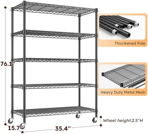 REIBII 5 Tier Storage Shelves, 1653LBS Heavy Duty&Silent Wheels for Garage