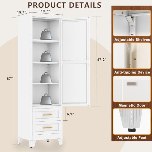 67" Tall Narrow Metal Storage Cabinet, Freestanding Pantry Organizer, White