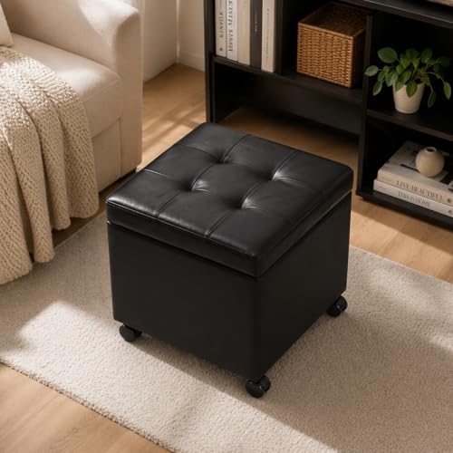 Homebeez 18" Square Storage Ottoman with Wheels, Tufted Faux Leather Cube