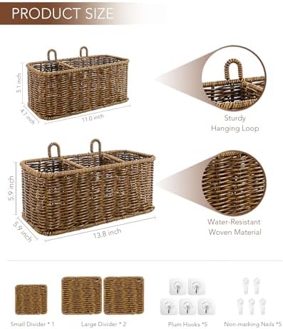 AceList Hanging Wall Basket with Removable Dividers, Set of 2 Woven Storage B...