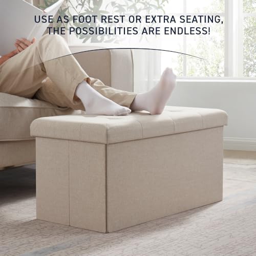 Ornavo Home 30 Inch Folding Storage Ottoman Bench, Tufted Linen, Beige