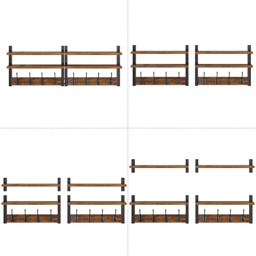 Double Shelf Coat Rack Wall Mount with 8 Hooks, Rustic Brown HWS009H-2