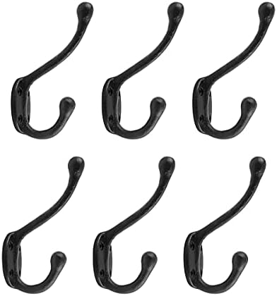 Renovators Supply Manufacturing Double Wall Hook, Wrought Iron Black Powder Coat, Coat Towel Robe Hanger, 5 in L, Pack of 6