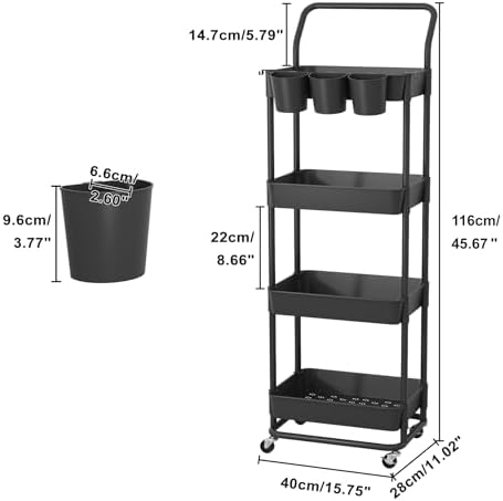 Buzowruil 4-Tier Rolling Utility Cart, Storage Cart with Handle Multi-Purpose...