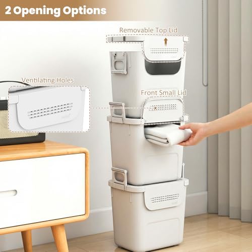 GIANTEX 32QT Stackable Storage Bins with Lids, 3 Pack Plastic Totes with Fron...