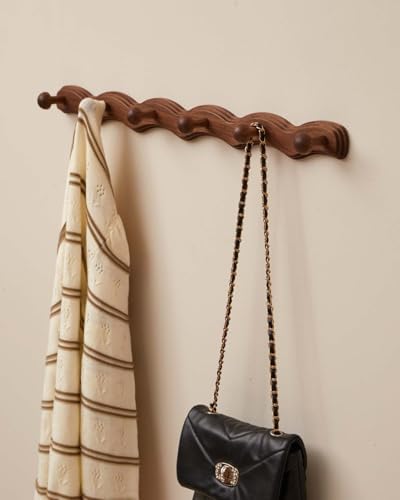 Wood Coat Rack Wall Mount - Walnut Coats Hook Hanger Wall-Mounted, Wave-Shape...