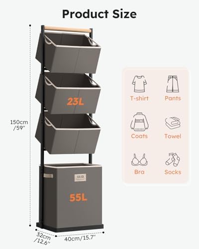 SOLEDI 4-Tier Laundry Hamper Sorter Vertical Laundry Basket for Small Space