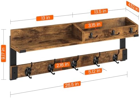 Homode Coat Rack with Shelf, Wall Shelf with Hooks, Rustic Brown Black