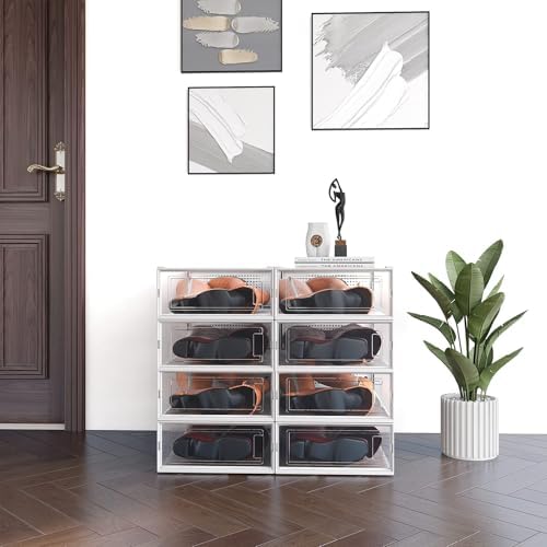 8-Piece Boot and Shoe Storage Box, Stackable Clear Plastic Shoe Box, Space-Sa...