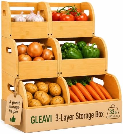 GLEAVI Bamboo Potato and Onion Storage Bin, 3 Tier Slide-Out Vegetable Basket...
