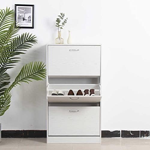 BAKAJI Shoe Rack in MDF Wood with 3 Doors Flip Shoe Holder Metal Handles Doub...