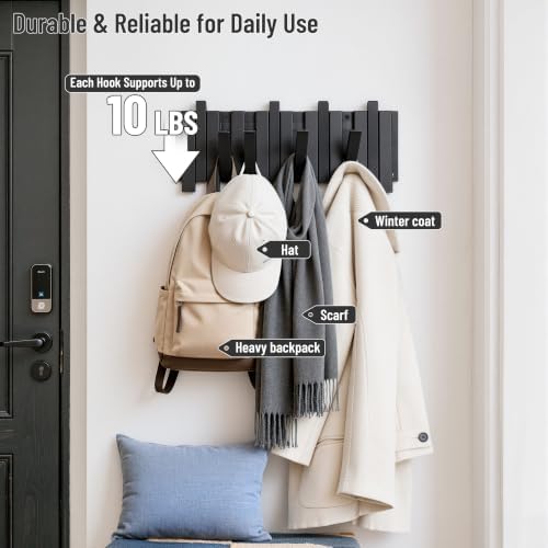Wall Coat Rack for Entryway: Folding Wood 8 Hooks for Small Space