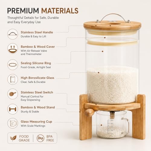 7.5L Rice Dispenser, Flour and Cereal Container, Glass Food Storge Container ...