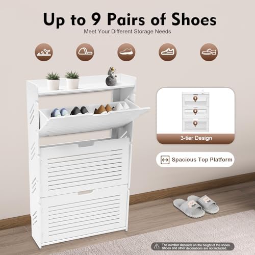 3 Tier Shoe Cabinet with Flip Drawers,Narrow Slim Shoe Storage Cabinet,Floor ...