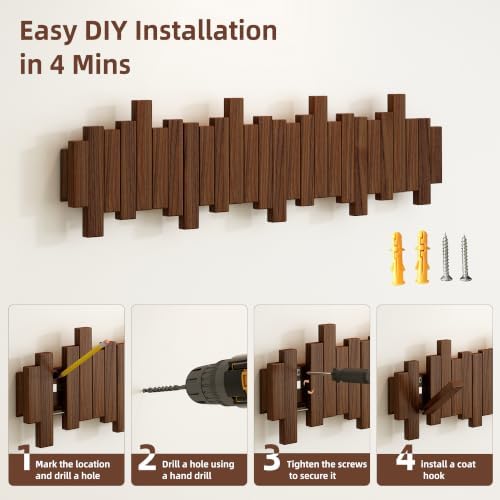Wooden Piano Coat Rack Wall Mounted, Coat Hooks Hanger Wall Mount with 8 Hook...