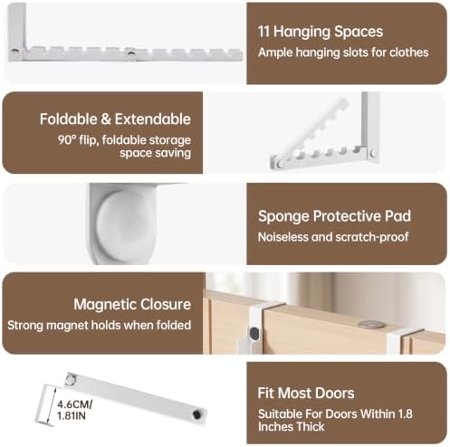 Over Door Hanger - 4Pcs Foldable Over The Door Hooks with 10 Ridges, Double F...