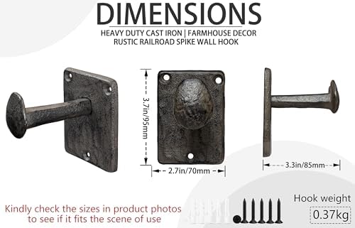 Rustic Cast Iron Railroad Spike Wall Hook, 3.8 * 2.7 * 2.8" Heavy Duty F...
