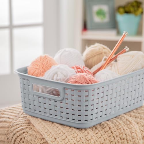 Sterilite Short Weave Basket, Rectangular Plastic Décor Bin, Gray, 6 Pack