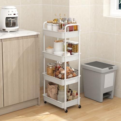 MOYIPIN 4-Tier Plastic Rolling Utility Cart with Handle,White