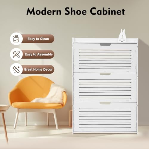 3 Tier Shoe Cabinet with Flip Drawers,Narrow Slim Shoe Storage Cabinet,Floor ...