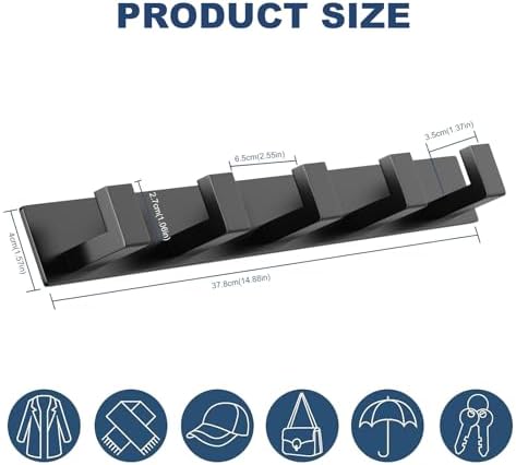 PMMASTO Stainless Steel Wall Coat Rack, Black- 5 Hooks, 2 Pack, L Shape