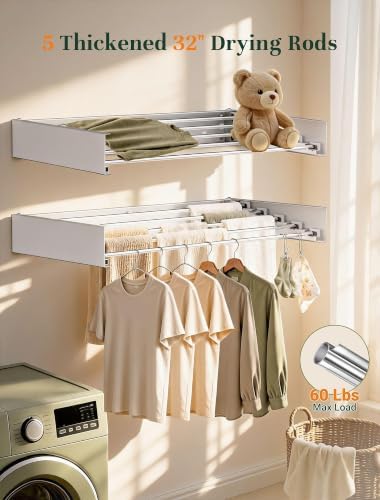32'' Wall Mounted Clothes Drying Rack, Foldable & Collapsible Wal...