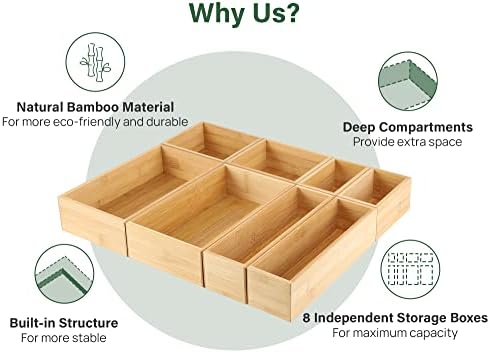 Kootek 8Pcs Bamboo Drawer Organizer 4-Size Kitchen Storage Box for Flatware