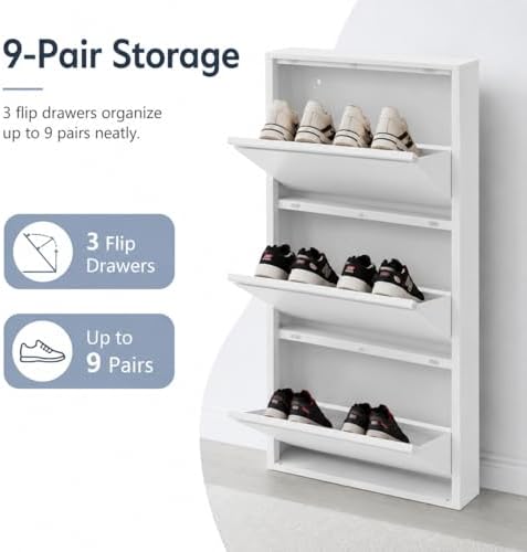 Wall Mounted Shoe Storage Cabinet, 3 Tiers 20 Inch Shoe Cabinet, White Flip-D...