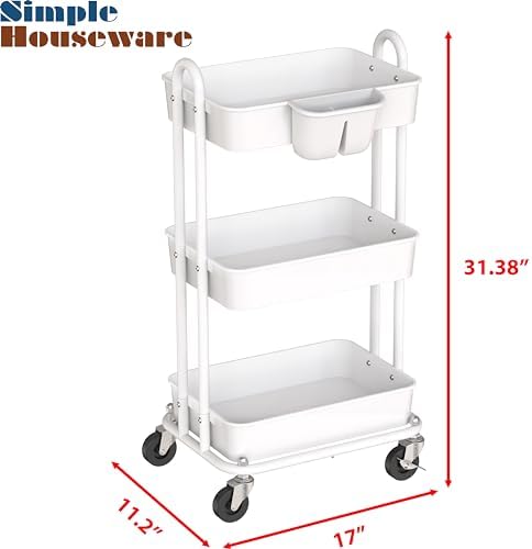 Simple Houseware 3-Tier Rolling Utility Cart with Hanging Bucket, White