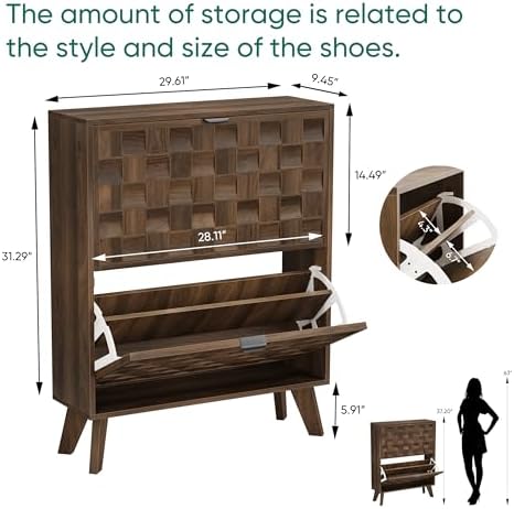 Smuxee Walnut Shoe Cabinet with 2 Flip Drawers, 29.6" Hidden Shoe Storag...
