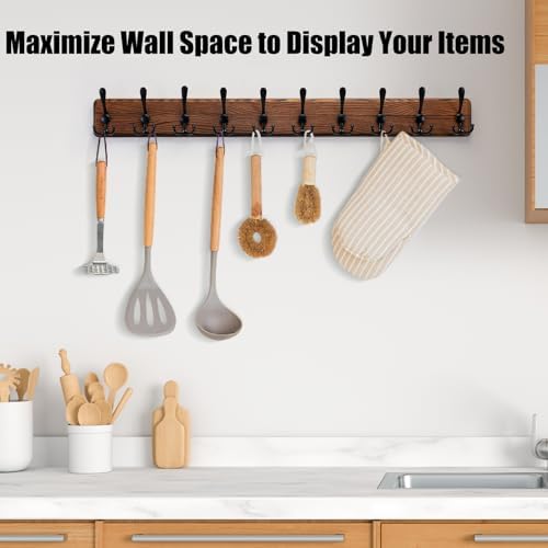 Gohiuo Rustic 38.6" Large Coat Rack Wall Mount, Long Wood Coat Hooks wit...