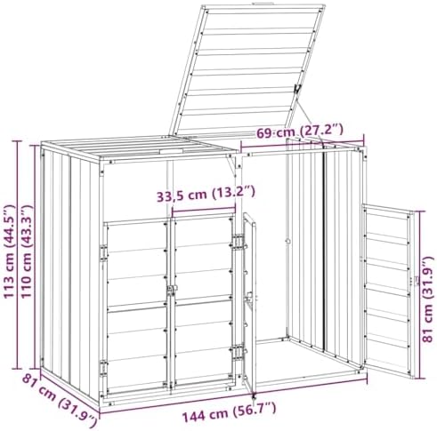 vidaXL Wheelie Bin Storage for Double Bins Gray 56.7"x31.9"x44.5&qu...
