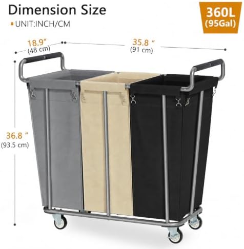 Gewudraw 3 Section Rolling Laundry Sorter Cart with Wheels, 360L