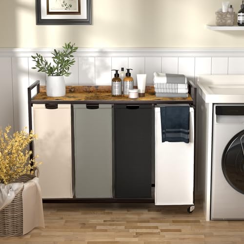 Herture Laundry Hamper with Shelf, Laundry Basket 4 Section, Laundry Sorter w...