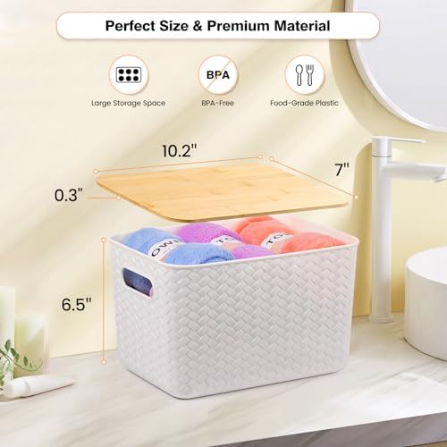 Ohmlove 4 Pack Storage Bins with Bamboo Lids,Stackable Box for Organization