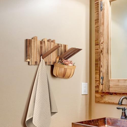 Wall Coat Rack for Entryway: Folding Wood Rustic 8 Hooks