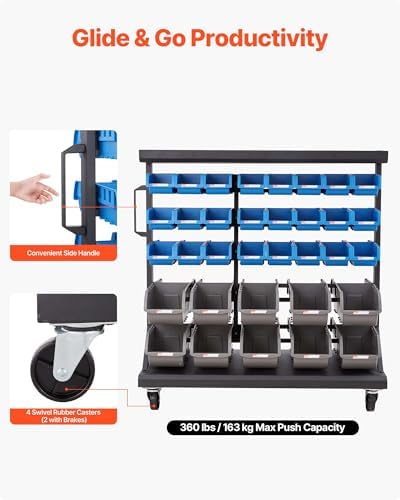 VEVOR 5-Tier Double-Sided Rolling Bin Storage Rack, 68 Plastic Bins, Dual-Sid...