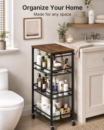 Pipishell Laundry Storage Cart with Wheels, Handle & Wood Top, Metal 4 Tier